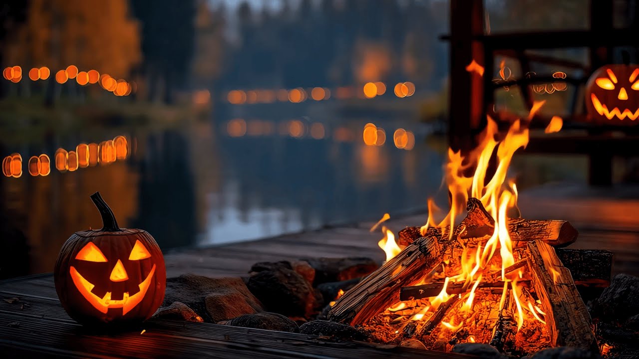 Halloween Night by the Lake Cabin With Cozy Crackling Fire & Calm Autumn Ambience