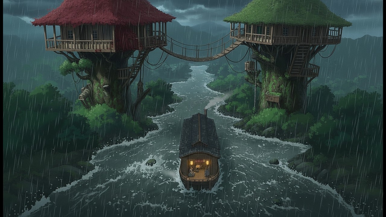 The Hidden Treehouse Village in the Rain 🌧️ | A Peaceful Fantasy Journey | Ghibli Style Cozy ASMR