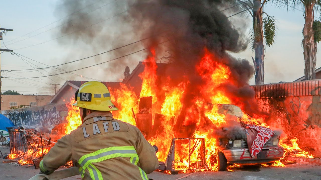 LAFD Engine 64: Van Fire/Rubbish Fire At Homeless Encampment