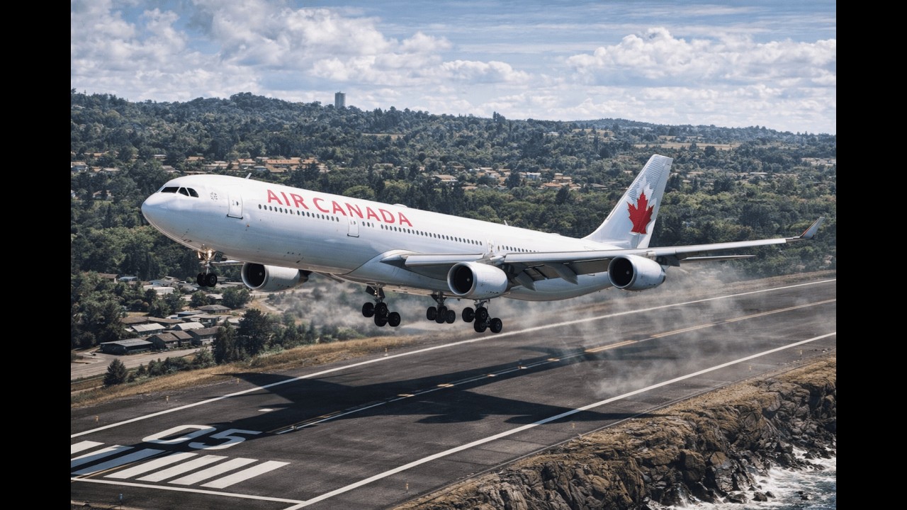 Hard Landing! Air Canada A340 Slams Onto a Small Airport Runway -4K