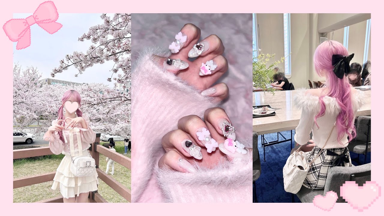 ♡양산형•스나계 vlogㅣ셀프네일ㅣ벚꽃구경ㅣ왓츠인마이백ㅣ택배깡ㅣgrlㅣ핑크 브이로그♡