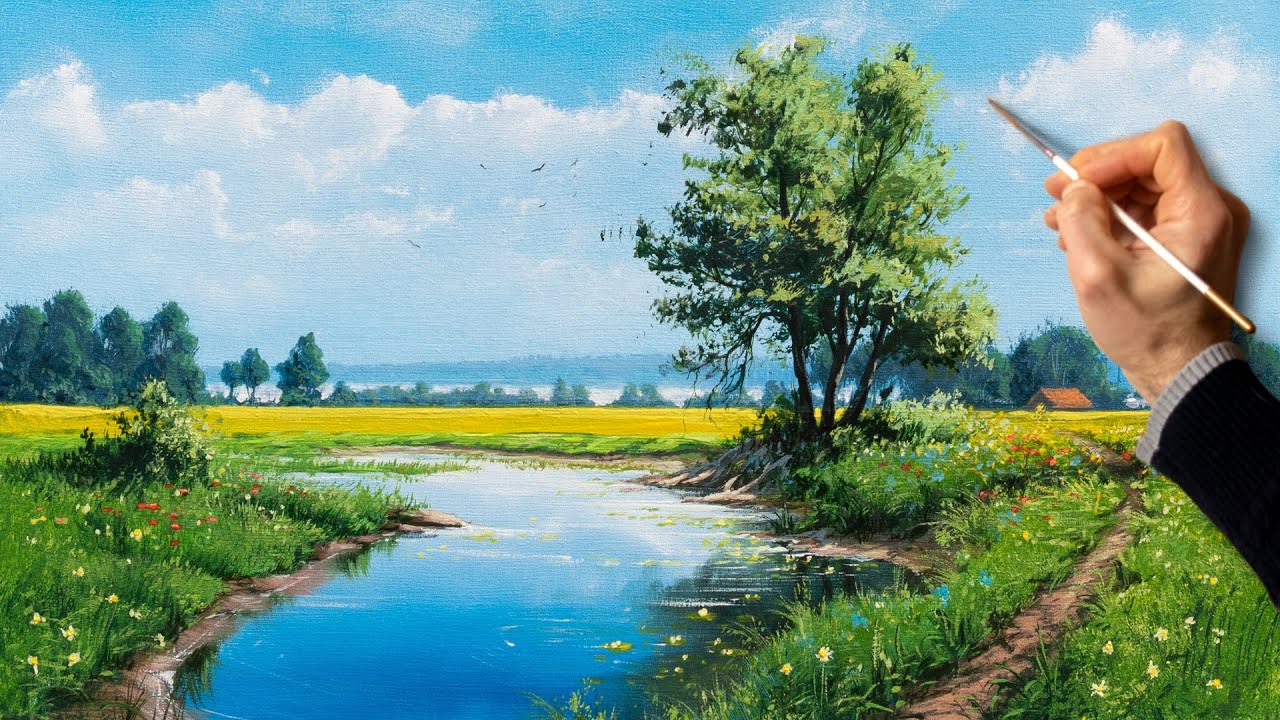 👍 Летний пейзаж. Живопись акрилом. Рисование. Искусство.