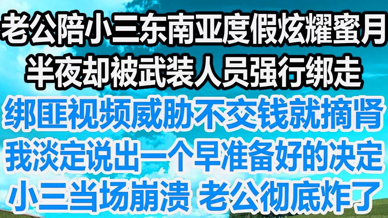 老公陪小三东南亚度假炫耀蜜月，半夜却被武装人员强行绑走，绑匪视频威胁不交钱就摘肾，我淡定说出一个早准备好的决定，小三当场崩溃 老公彻底炸了！