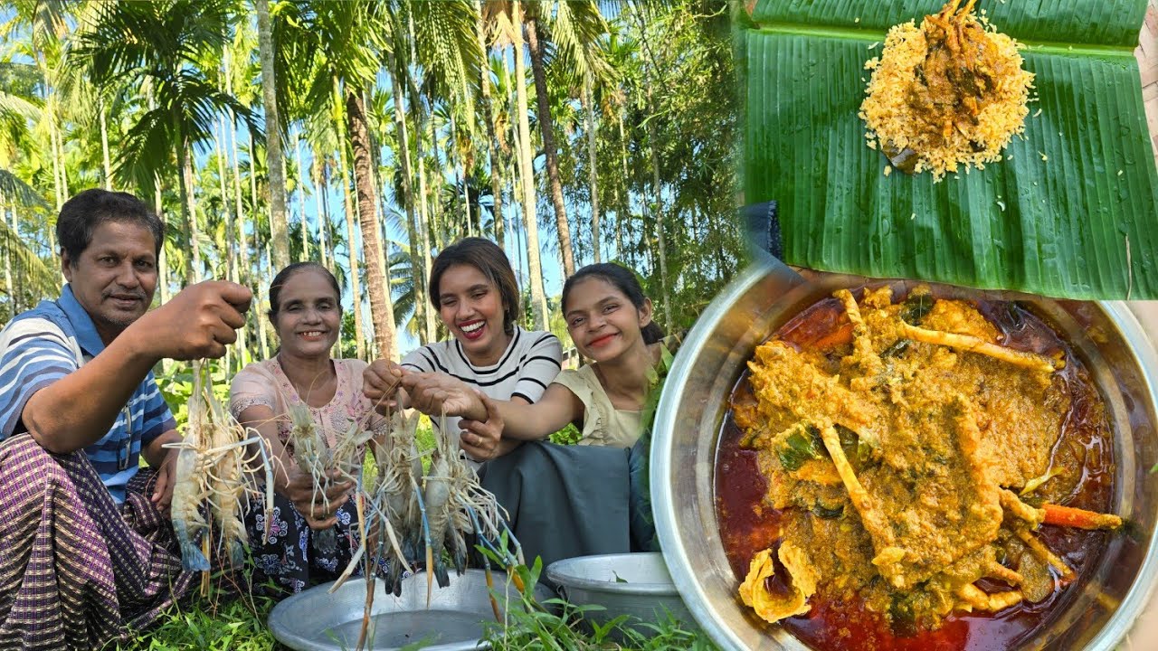 Cooking tomatoes rice and prawn coconut milk curry in the village 🤤. ပုဇွန်ထုပ်အုန်းနို့ချက်😋❤