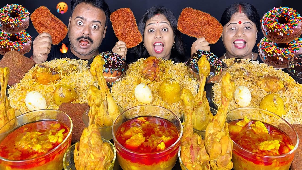 SPICY MUTTON FAT CURRY & CHICKEN CURRY EGG CHICKEN BIRYANI EXTRA GRAVY EATING CHALLENGE ASMR MUKBANG