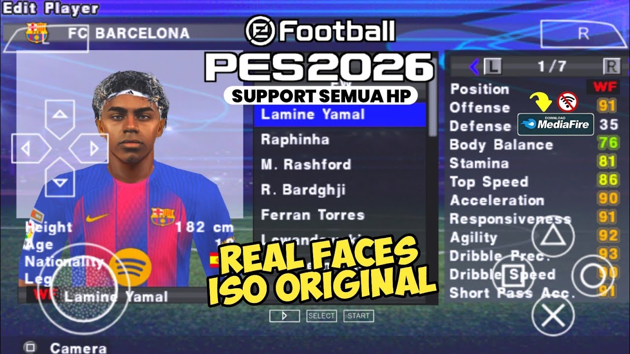 EFOOTBALL PES 2026 PPSSPP ISO NO TEXTURES & NO SAVE DATA NEW KITS 2025/26 REAL FACES & TRANSFER