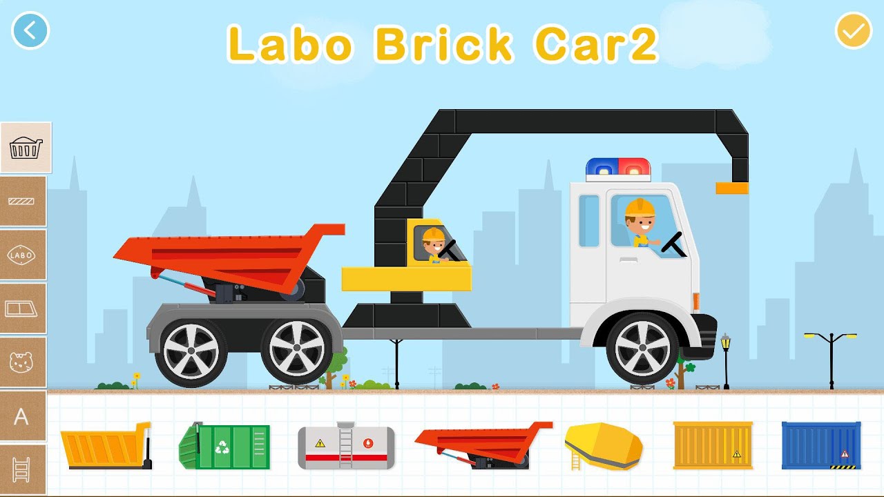 Build construction trucks in Labo Brick Car 2: cranes, dump trucks, bulldozers, road rollers