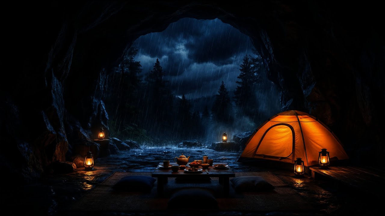 Heavy Rain Surrounding a Forest Cave 🌧️ Sleep Sounds for Calm Night Vibes