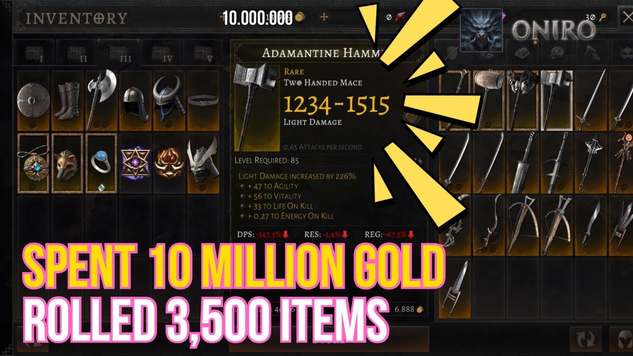 Oniro ARPG I Rolled 3,500 Items and Spent 10 Million Gold… Got GOD Gear!?