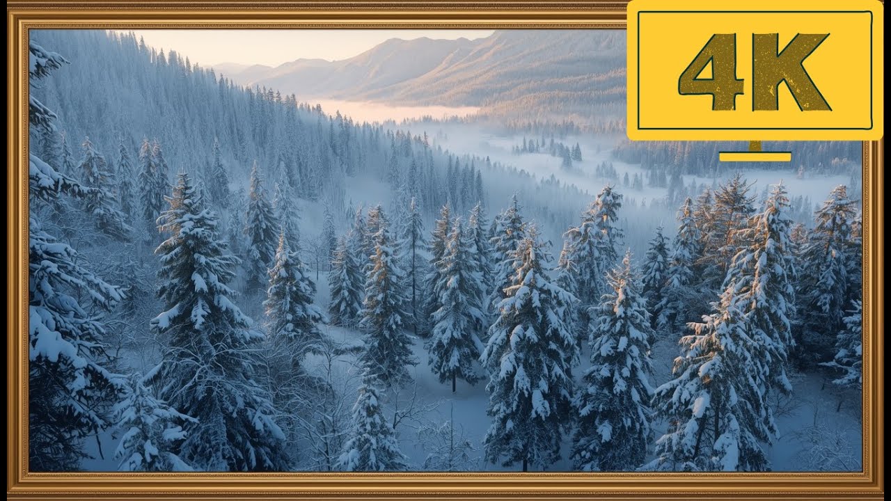 4K TV WALLPAPER Misty Winter Valley with Snow-Covered Pines & Golden Mountain Light