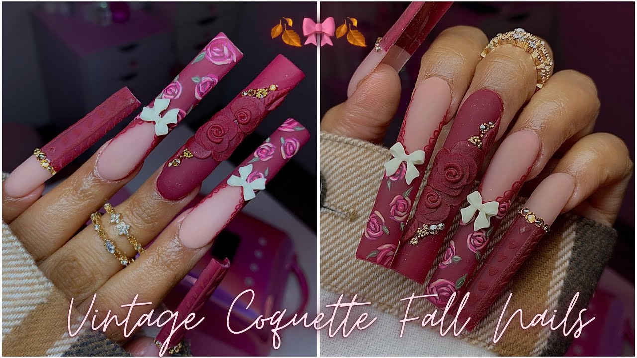 БОРДОВЫЕ ВИНТАЖНЫЕ КОКЕТЧАТЫЕ НОГТИ🍂🎀🍁/ ОСЕННИЕ АКРИЛОВЫЕ НОГТИ С РОЗОВЫМ НОГТЕМ