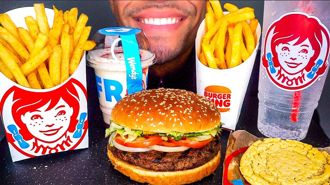ASMR WENDY'S VS BURGER KING MUKBANG CHICKEN NUGGETS FROSTY WHOPPER SNICKERS PIE *NO TALKING* EATING