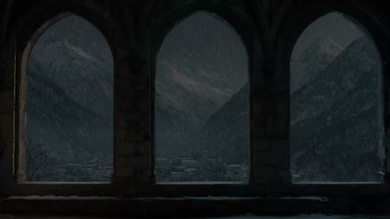 (No Ads) Peaceful Snowy Medieval Village at Night – Window View Ambience