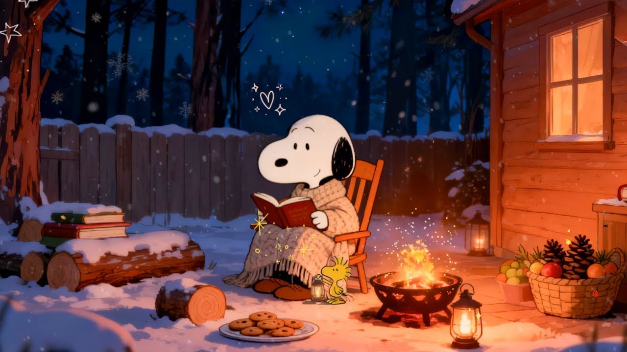 Snowy Spring Night Under Cherry Blossoms | Snoopy Reading by Firelight | Calm Lofi to Unwind