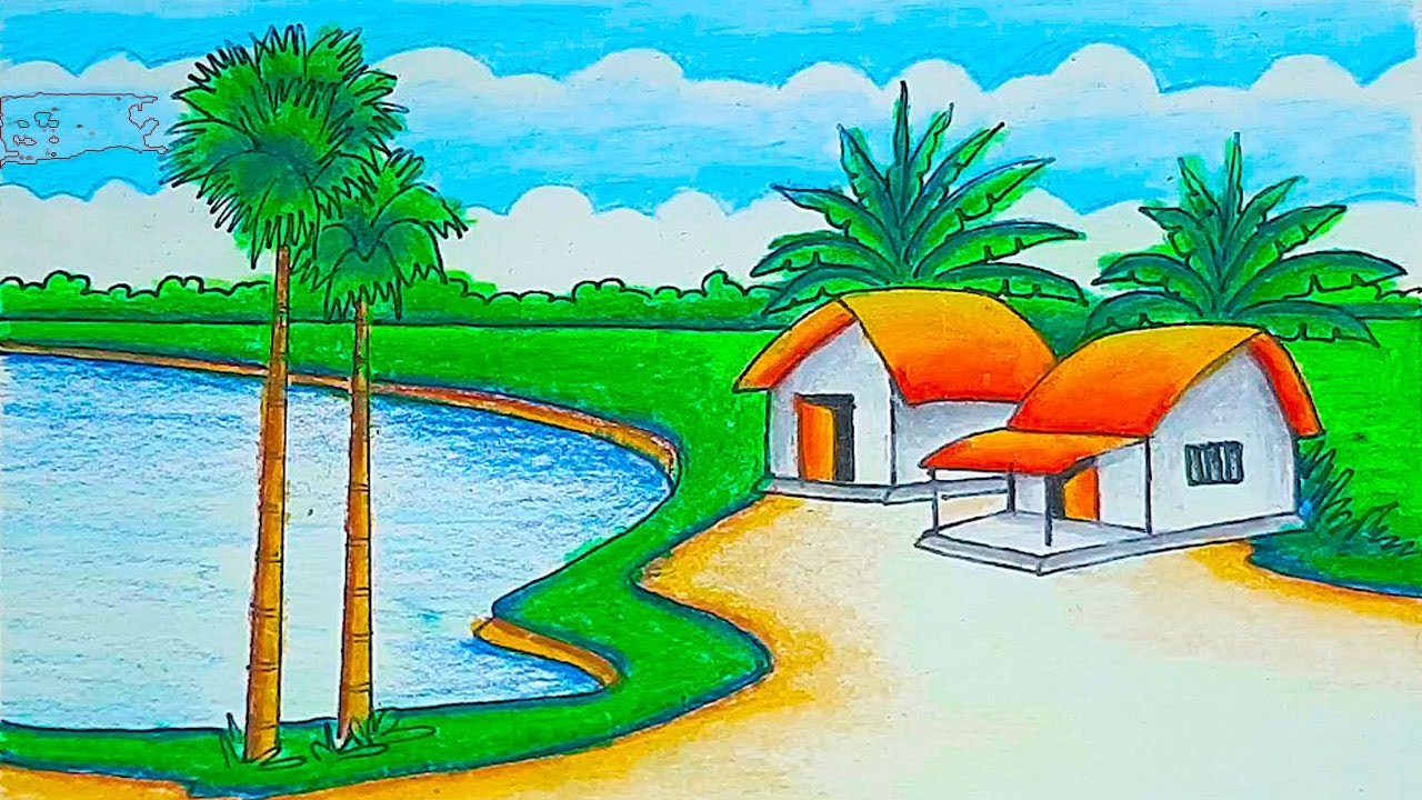 Easy drawing village scenery with nature | Indian village scenery drawing with oil pastel