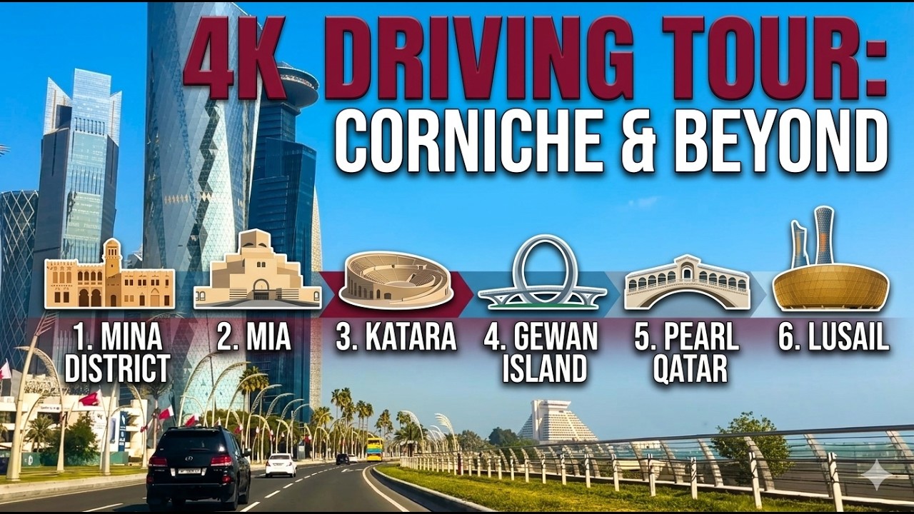 4K Driving Tour: Corniche, Mina District, MIA, Katara , Gewan Island, Pearl Qatar & Lusail