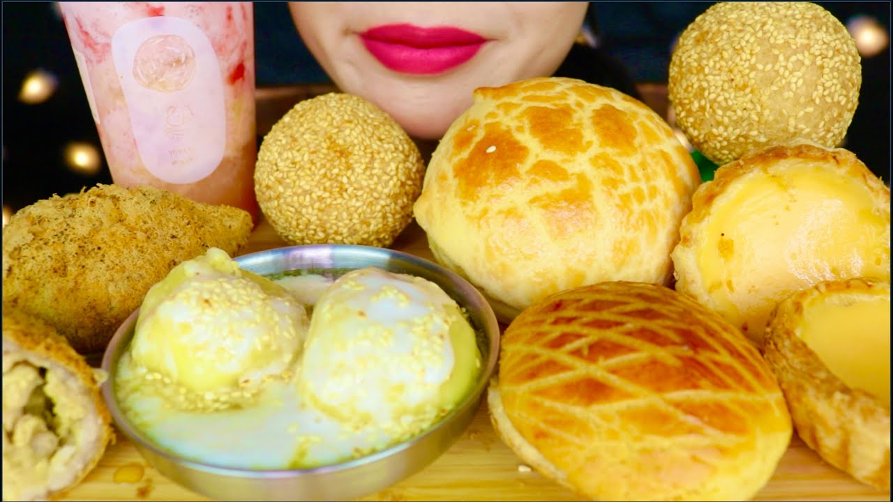 ASMR DIM SUM PASTRIES, RED BEAN SESAME MOCHI BALLS (煎堆; 麻团), STICKY RICE BALLS, TARO BUNS, SMOOTHIE