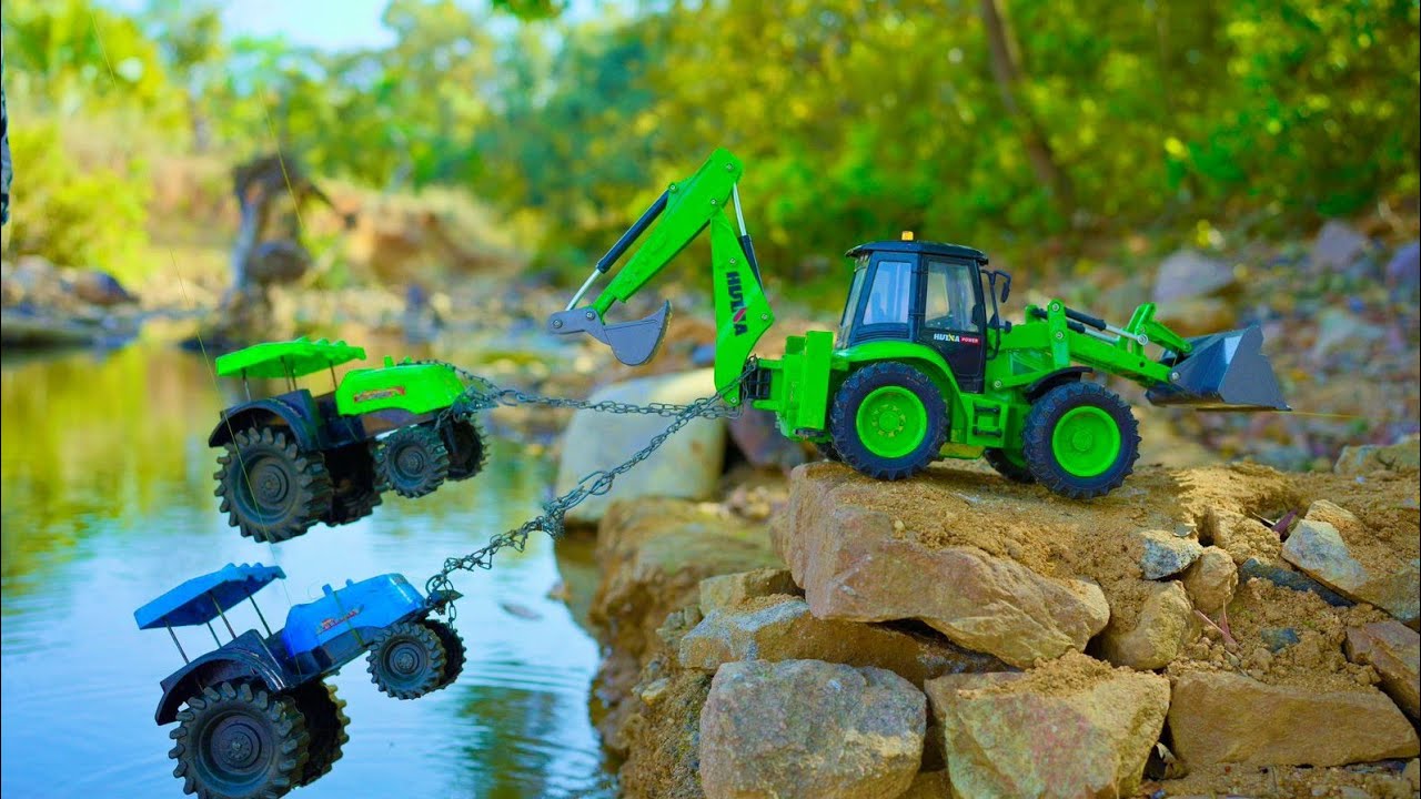 New Two Treactor Mahindra and Swaraj Pulling rescue from river side jcb 3dx | tractor cartton video