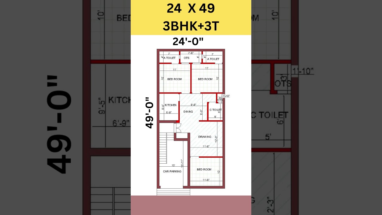 24 x 49 house plan design with 3 bed room, 24 by 49 ghar ka naksha, 24*49 #shorts #homeplan #viral