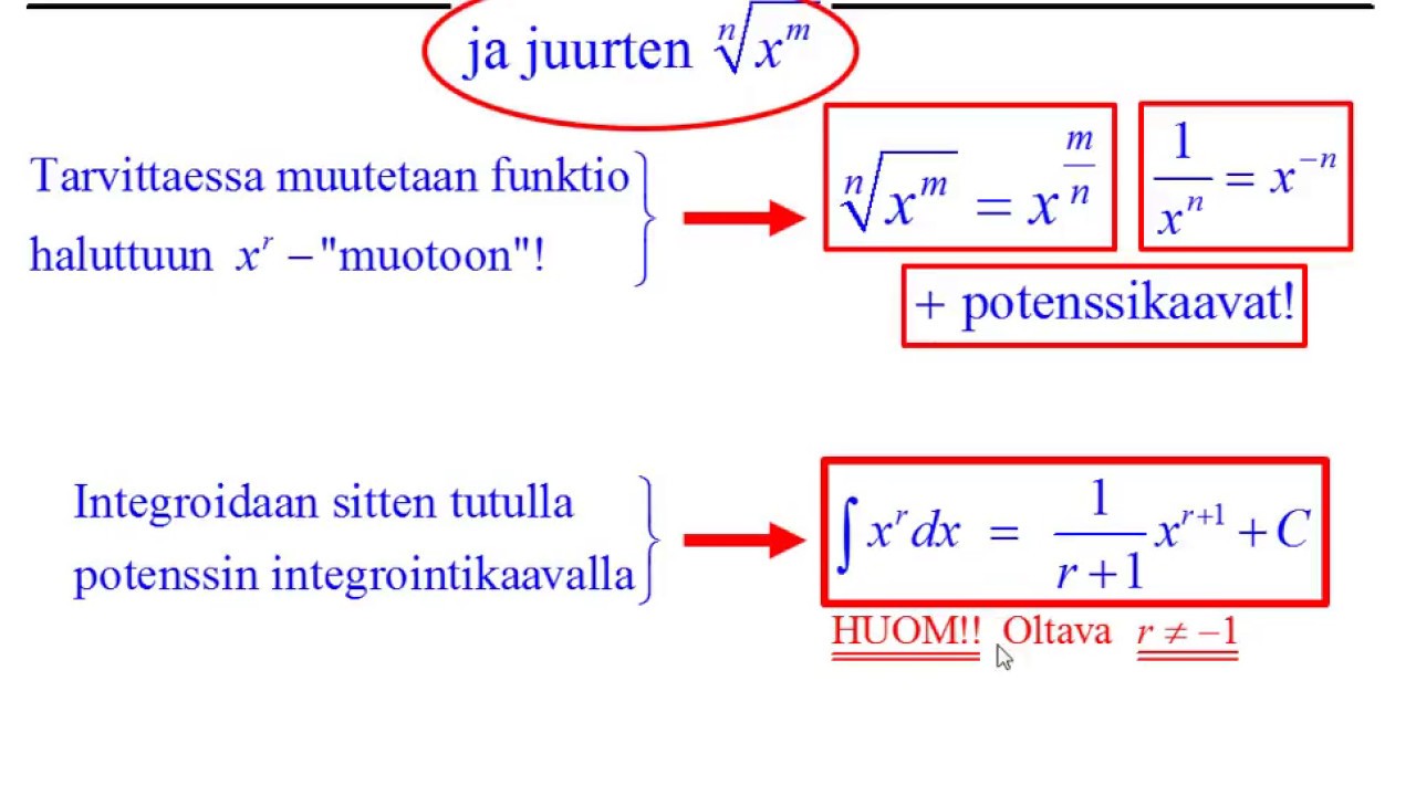 Potenssifunktion x^r ja juurien integrointi