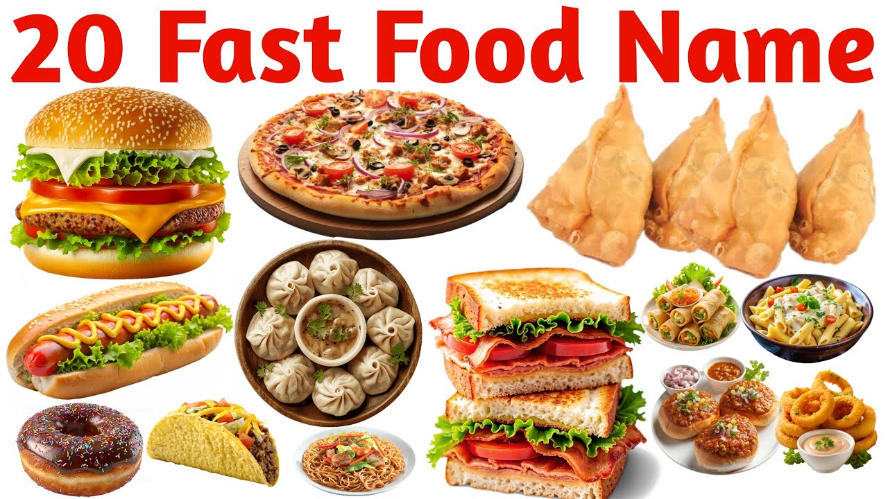20 फास्ट फूड के नाम | Learn 20 Fast Food Names in English for Kids | Preschool Learning Video