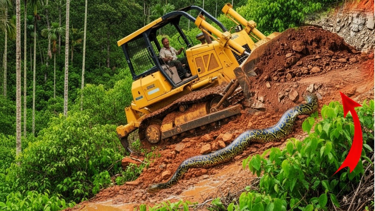 High-Risk Bulldozer Cutting Hillside for Mountain Road Project