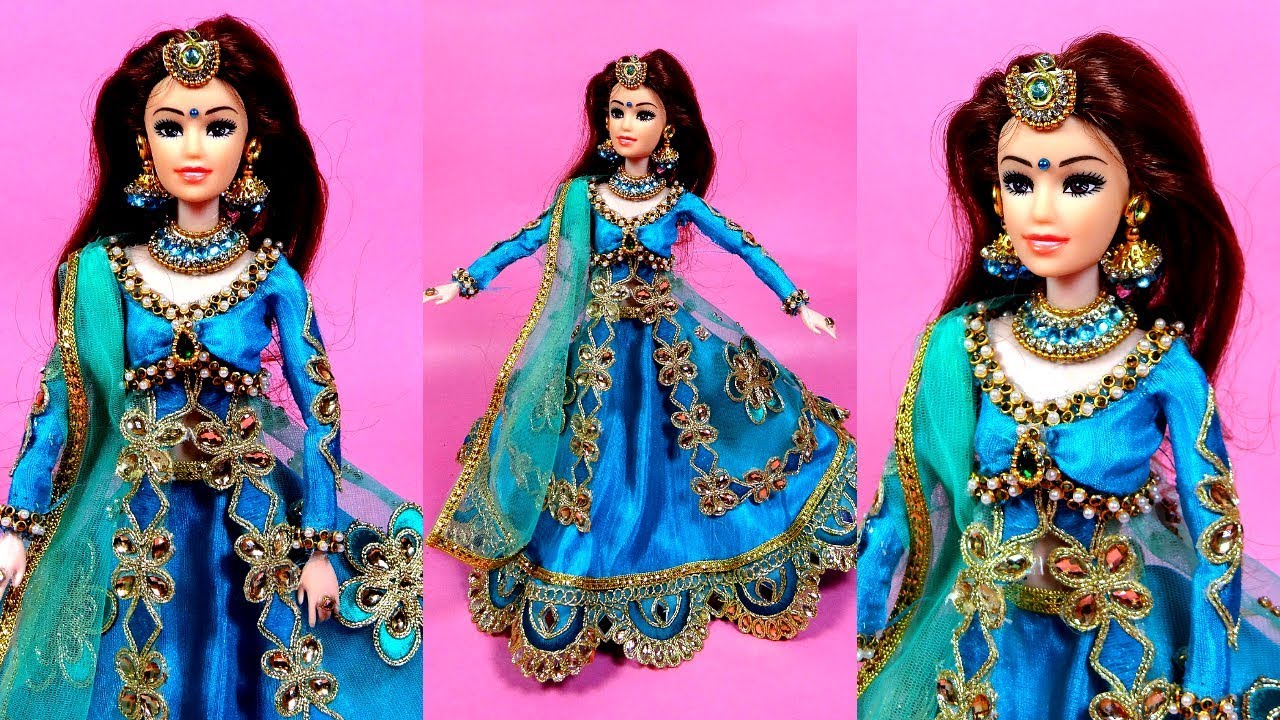 Barbie doll in INDO WESTERN Lehenga | How to make barbie lehenga | Barbie jewellery videos