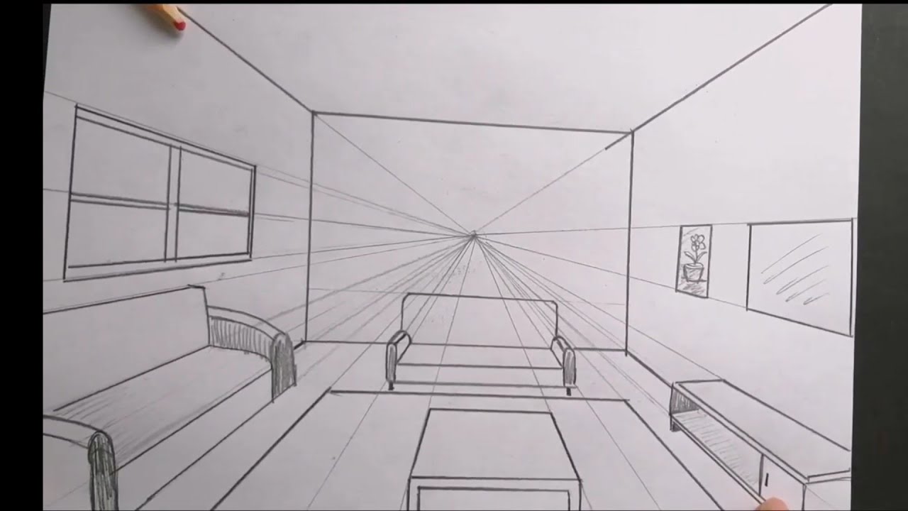 Oda Çizimi kolay / Tek nokta perspektifli / How to draw a room in 1-point perspective easy