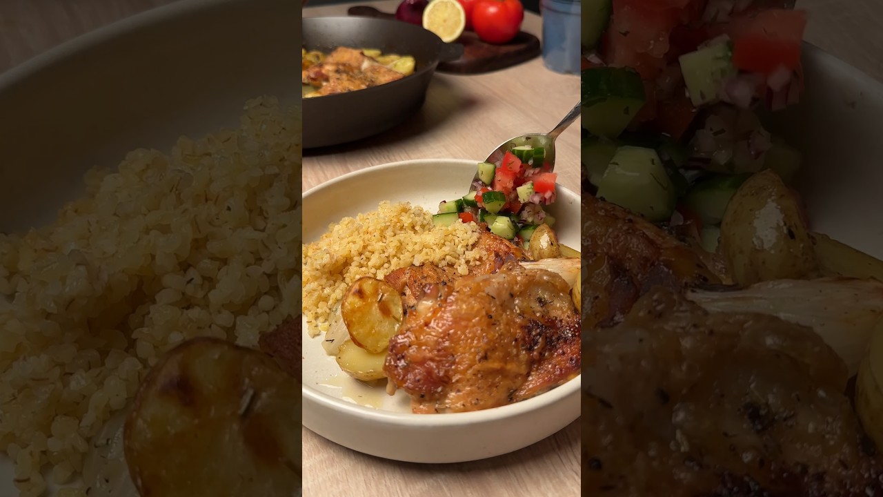 Anatolian Roast Chicken with Bulgur and Shepherd&rsquo;s Salad 🍗 🌾 #chickenthighs #bulgur #turkishfood