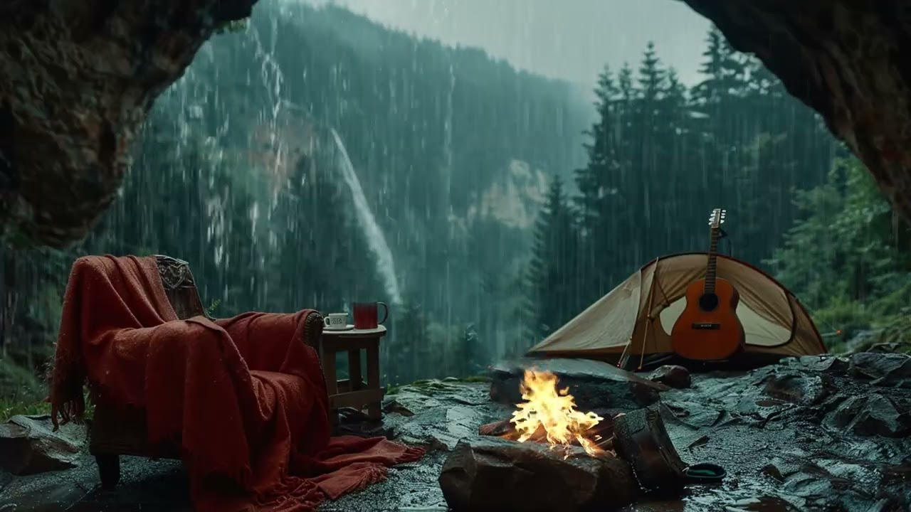 Regen Geräusche Nacht Deutsch – Tiefe Entspannung mit Höhle und Feuer ASMR