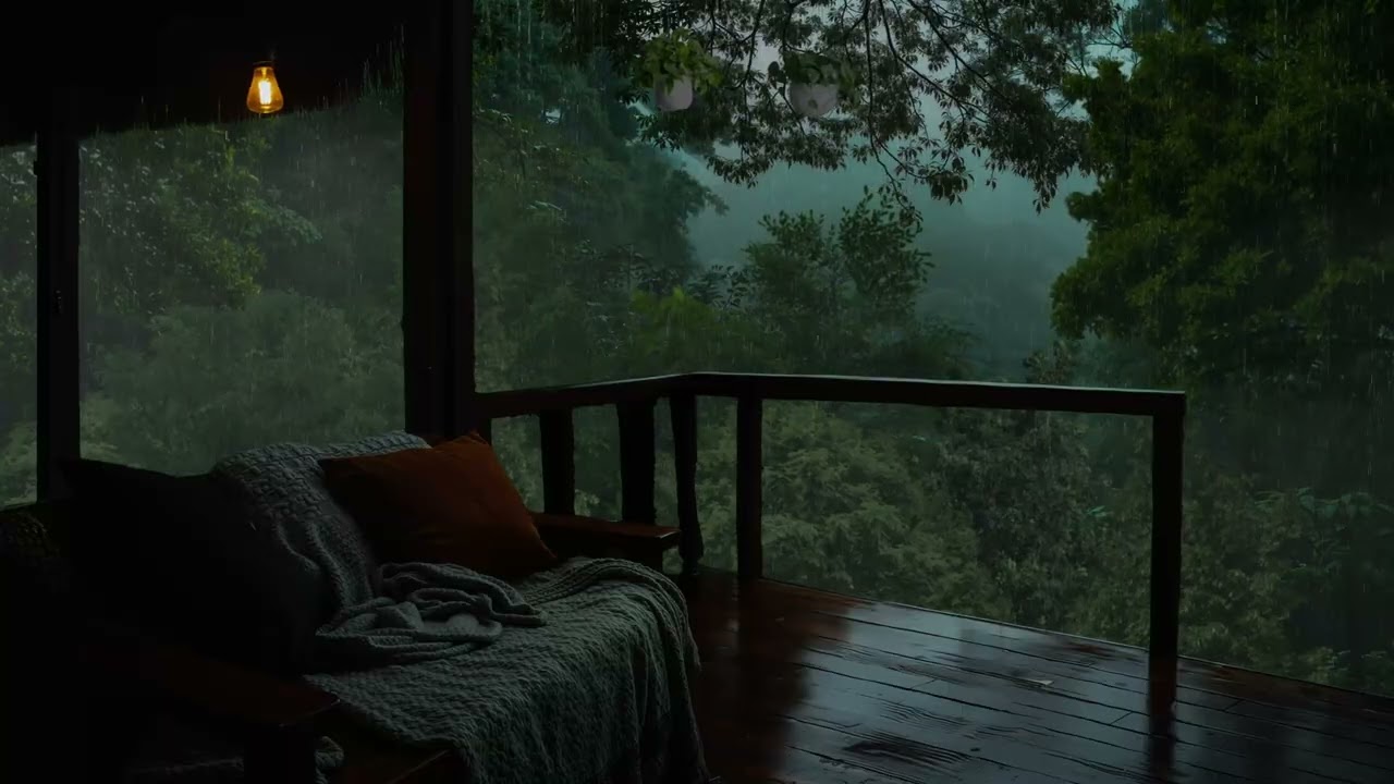 Shelter in Cabin Balcony and Soothing Rain Sounds Outside the Jungle help to Fall Asleep