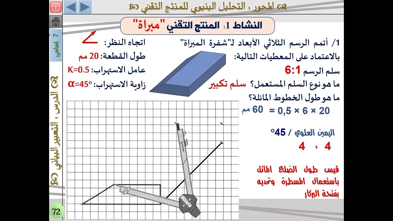 اصلاح النشاط ص 72 من كراس الانشطة السنة السابعة أساسي الرسم الثلاثي الأبعاد لشفرة المبراة.