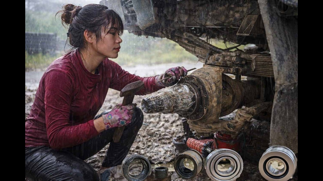 Auto repair: A female mechanic is repairing and restoring a damaged front axle of a 4x4 pickup truck