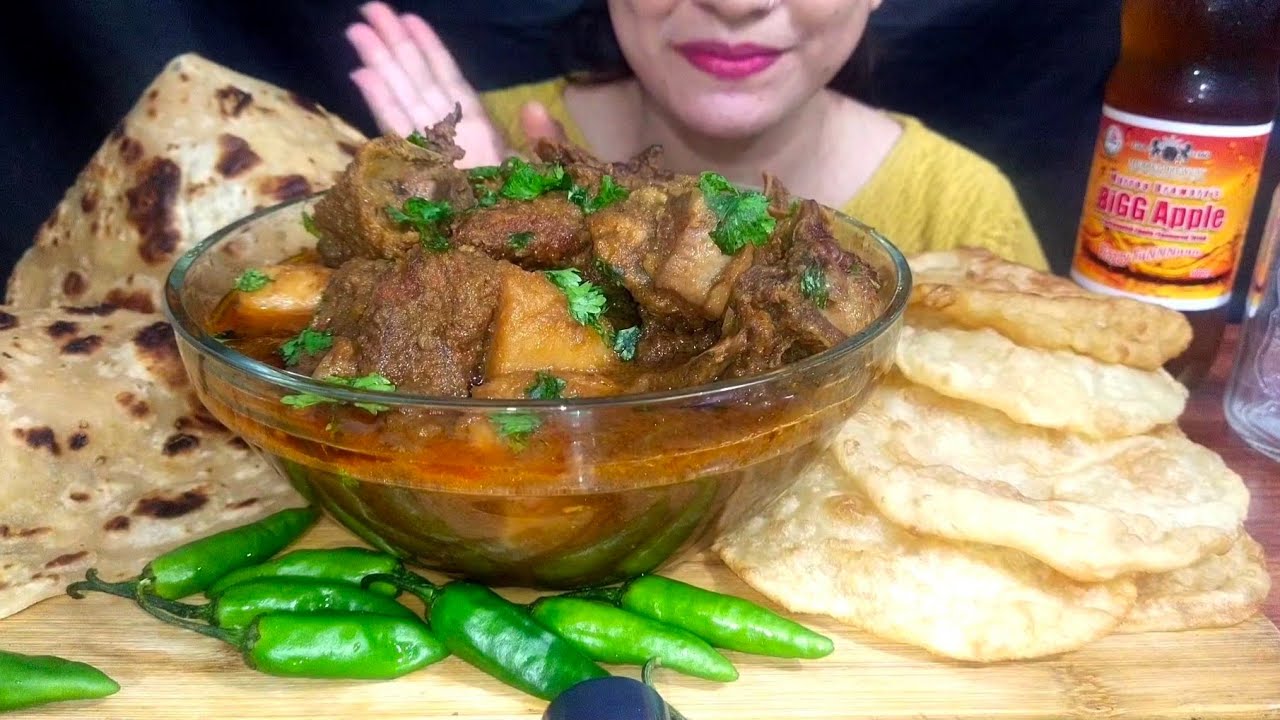 ASMR EATING SPICY MUTTON LAL JHOL+ MUTTON CURRY+DESI GHEE PARATHA+PURI+GREEN CHILLI || REAL MUKBANG