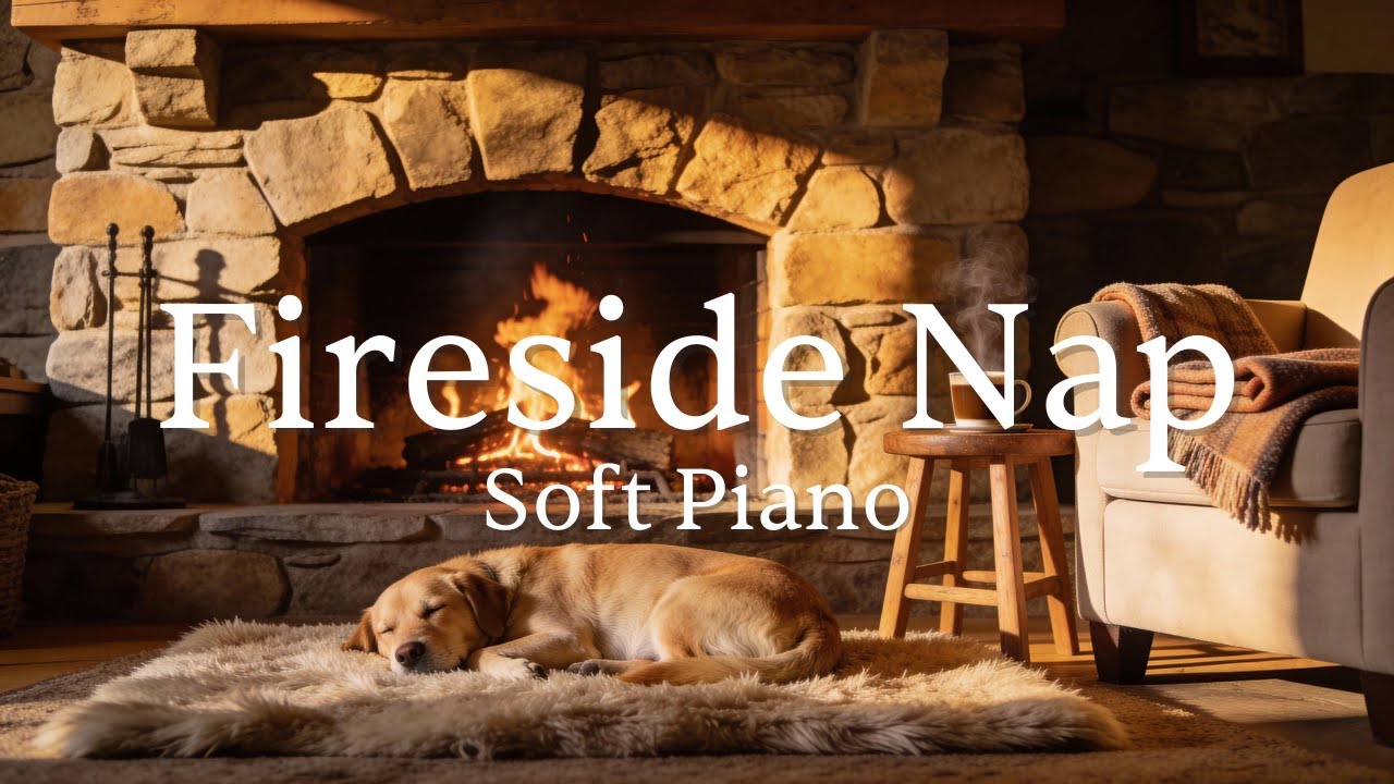 Comfortable Cabin Fire with Dog | Perfect Soft Piano Ambience for Focus | 2 Hours (4K)