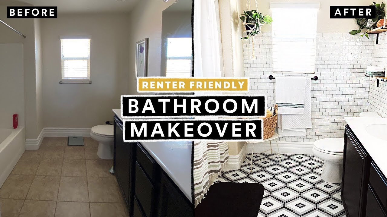 BATHROOM MAKEOVER UNDER $300 (Renter Friendly) + DIY Tile Floor & Brick Wall!