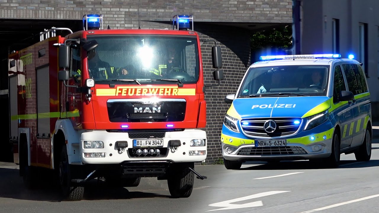 [Gong, Durchsage & 4x Pressluft] Viele Einsatzfahrten Feuerwehr, Rettungsdienst & Polizei Bielefeld