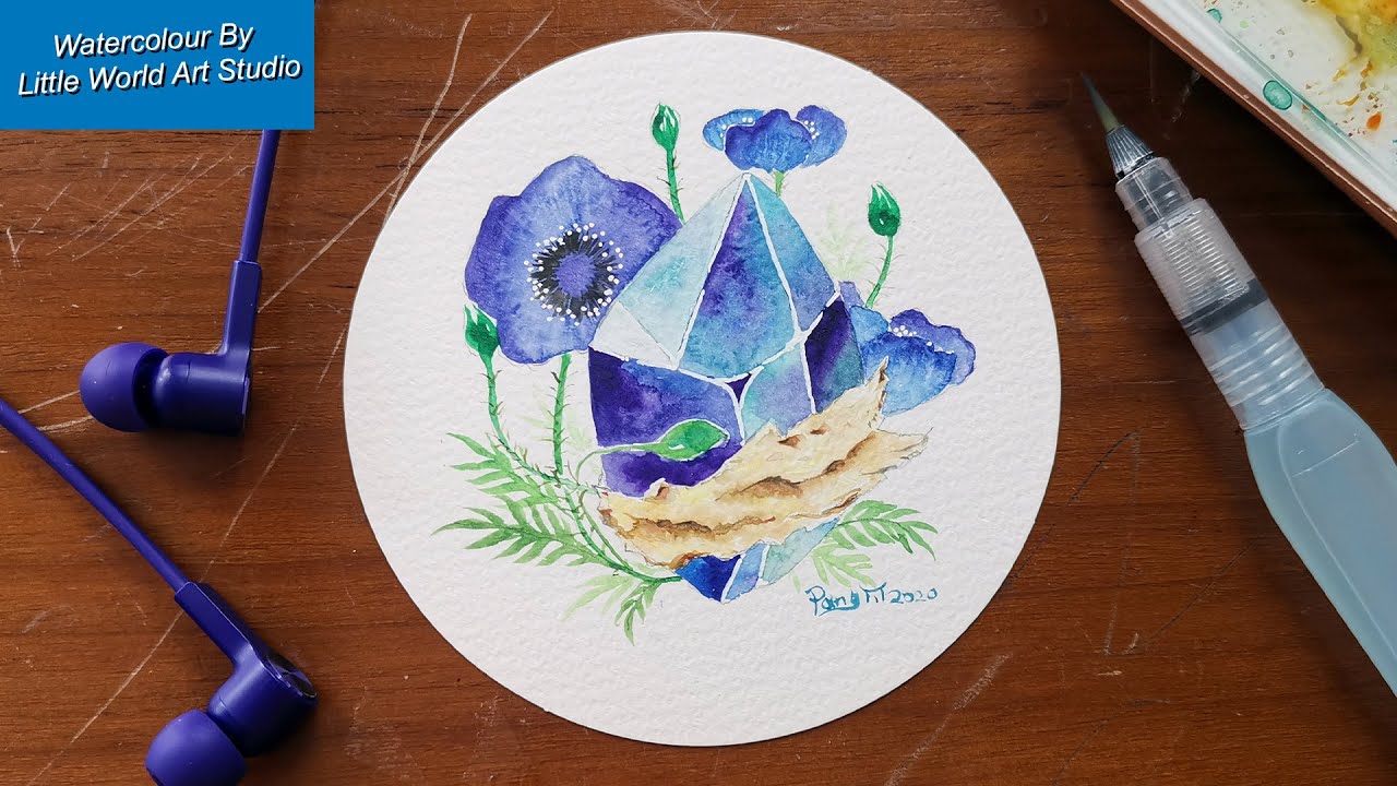 SIMPLE AND EASY WATERCOLOUR TUTORIAL  Flower & Crystals - 学画水彩 水晶 和 花叶