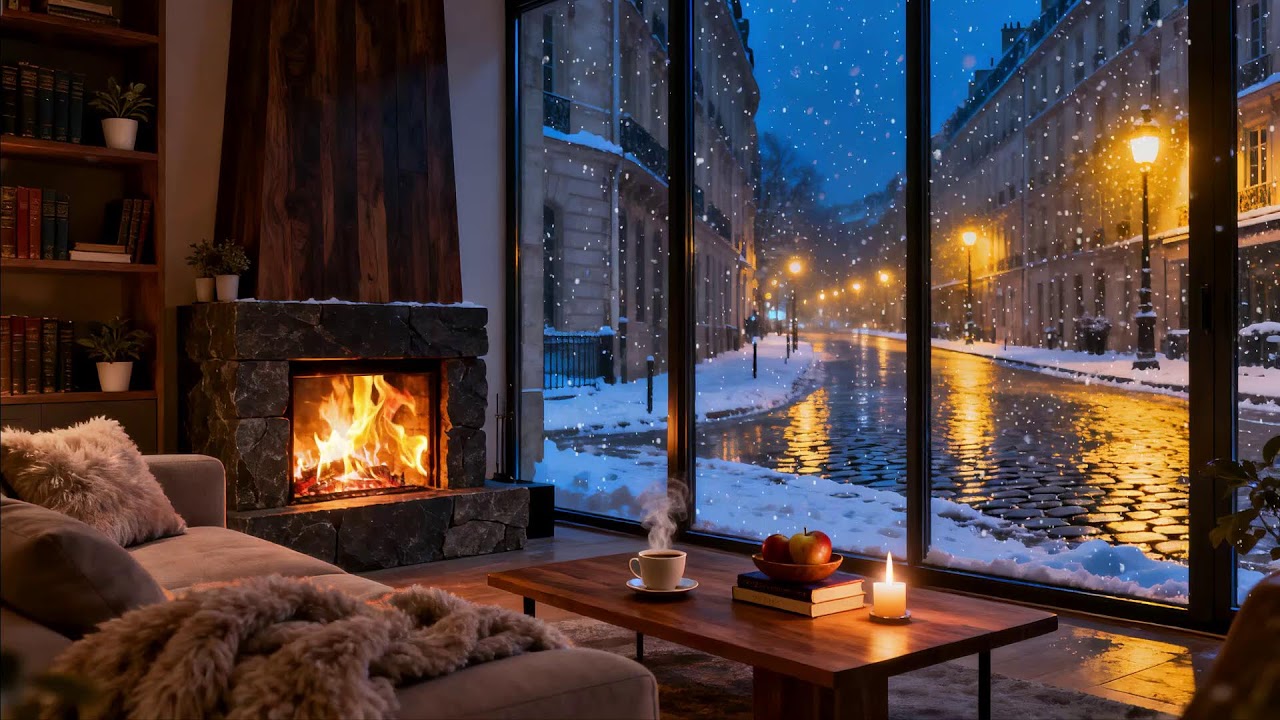 Urban Snowy Street View 🌆 + Fireplace Sounds - Work, Learn & Relax