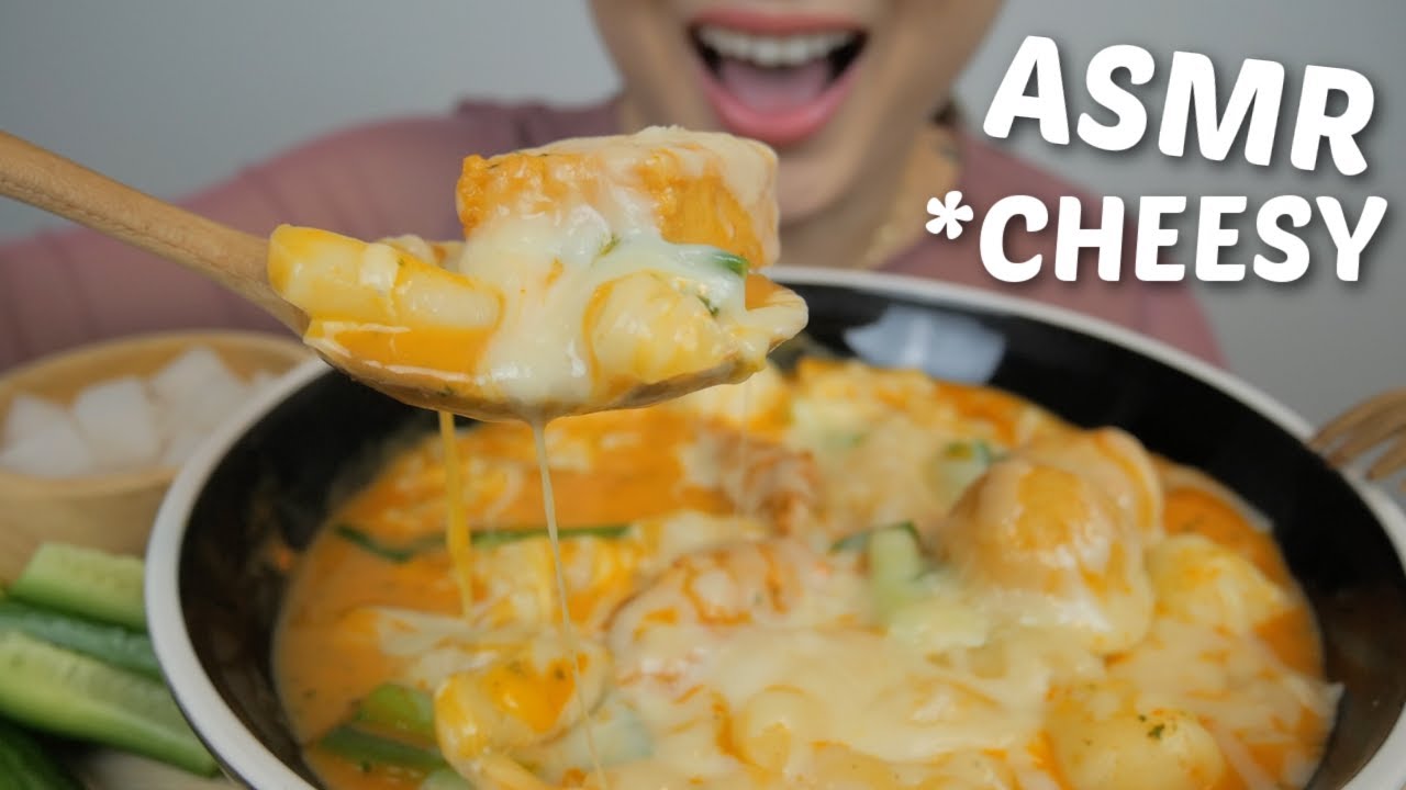 ASMR CHEESY Tteokbokki with Fish Cakes *Relaxing Food Sounds | N.E Let's Eat
