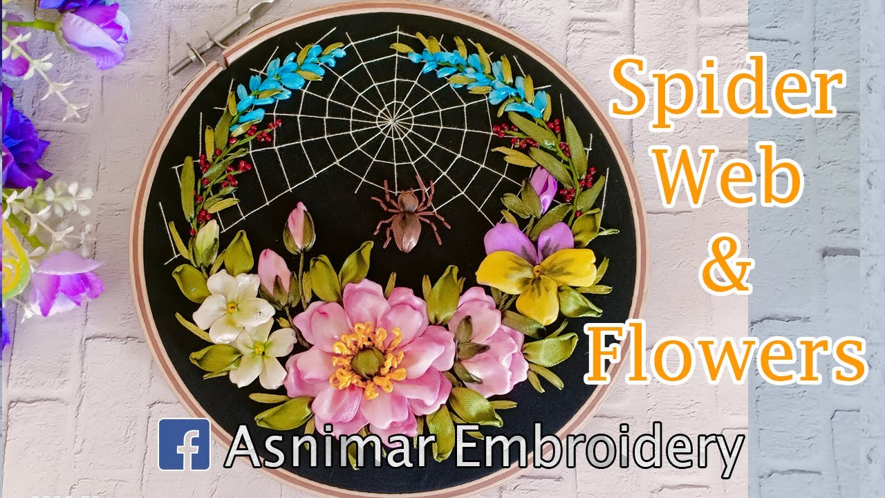 Spider Web & Flowers Ribbon Embroidery Design