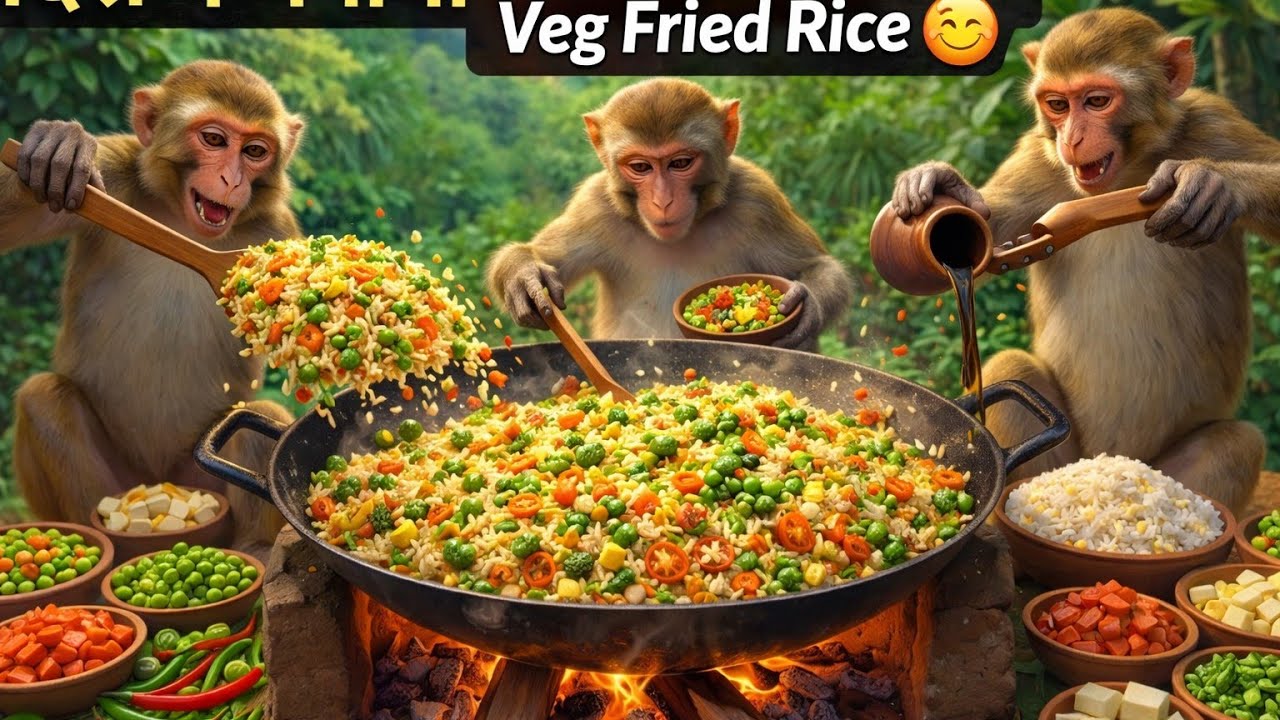 बंदरों ने बनाया Monkey Style Veg Fried Rice 😋 | Street Food Chinese Recipe | Monkeys Cooking