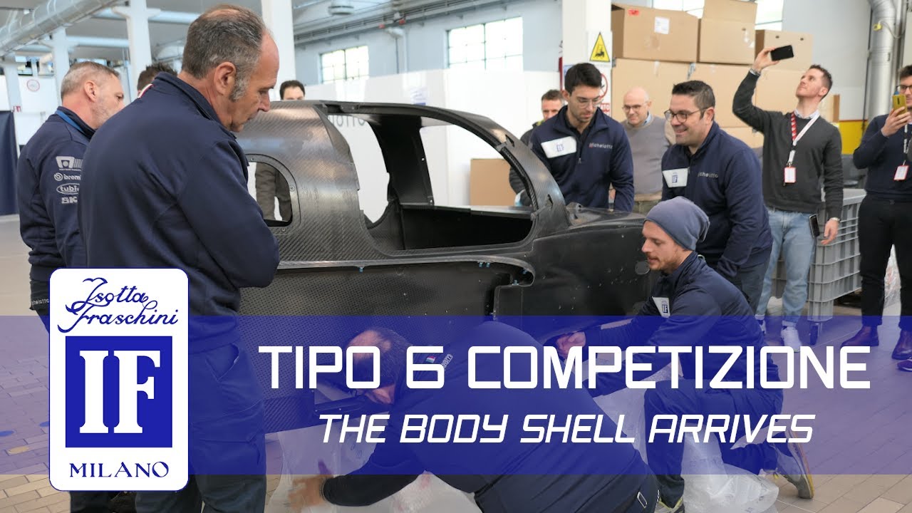 The Tipo 6 Competizione carbon fiber body shell arrives in the workshop