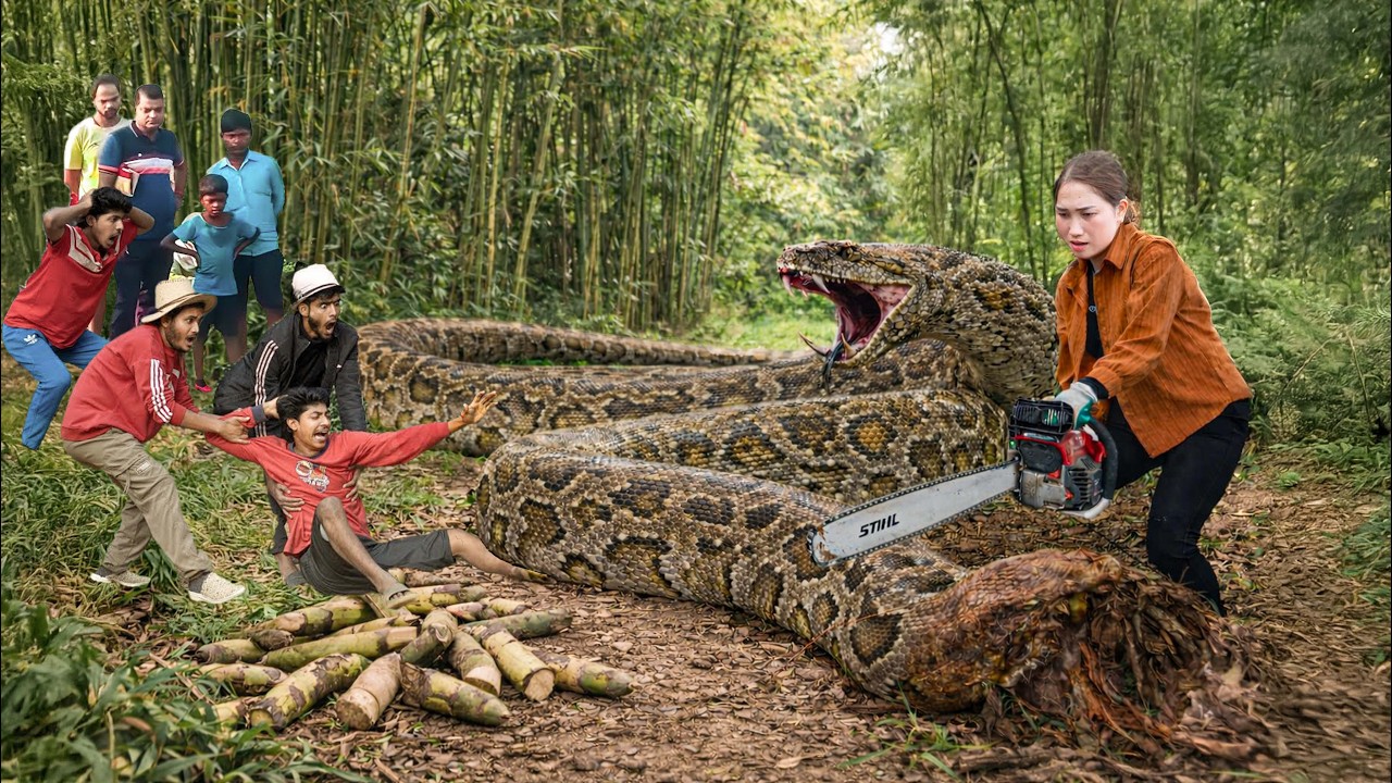 72 Hour Survival Harvesting Bamboo Shoots | Giant Python Attack Rescue