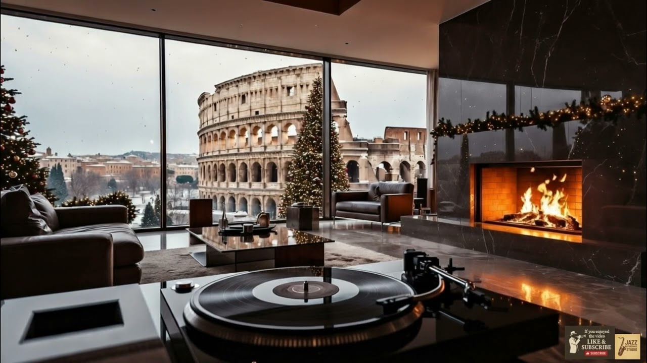 Smooth Christmas Ambience Jazz 🎄🎷 – Cozy Fireplace & Rome Christmas View 🔥  | Winter Jazz ❄️