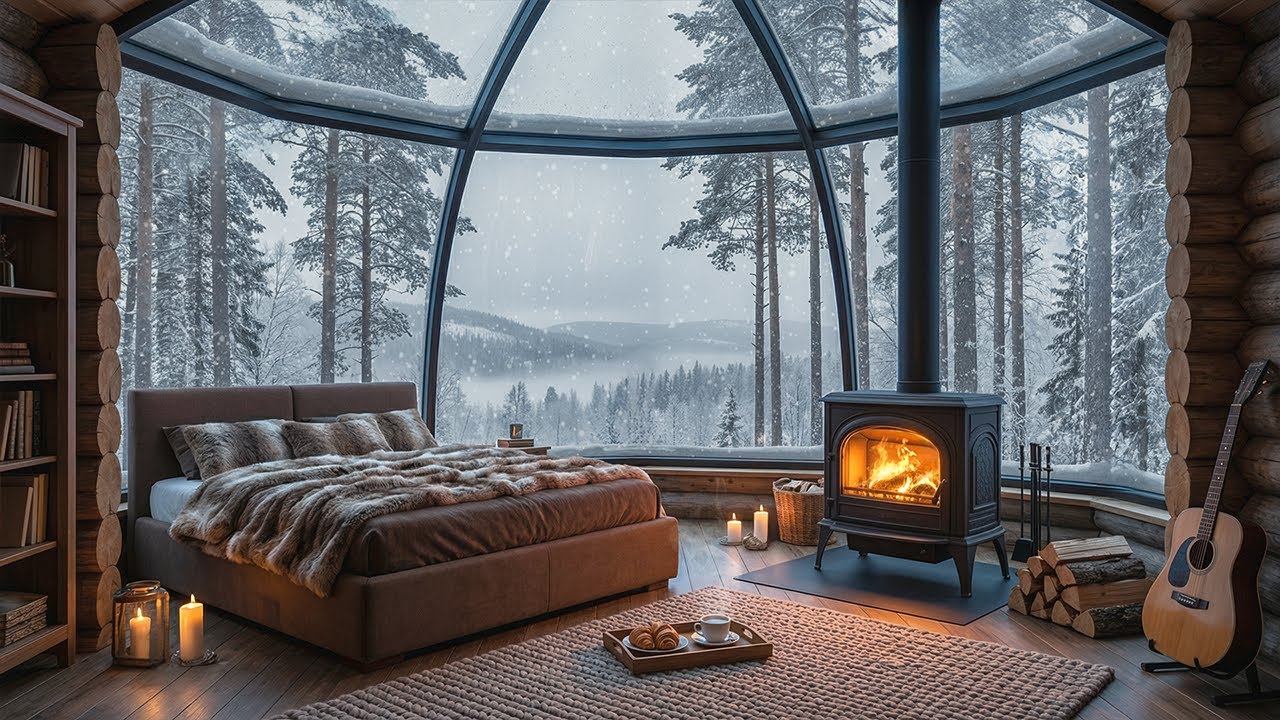 Instrumental Jazz Music ⛄ Snowfall Gentle Ambience with Fireplace Sound & Winter Jazz for Chilling