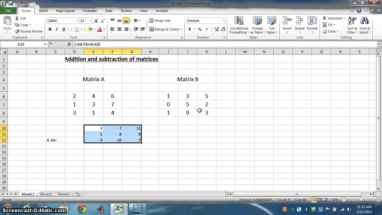 ADDITION &SUBTRACTION OF MATRICES USING EXCEL