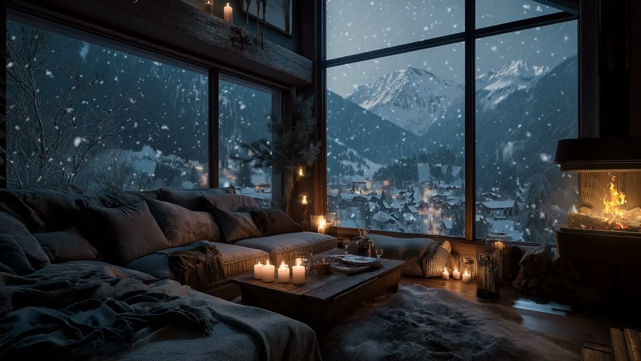 🌌 Quiet winter haven | Warm glow and snowy silence for tranquil rest.