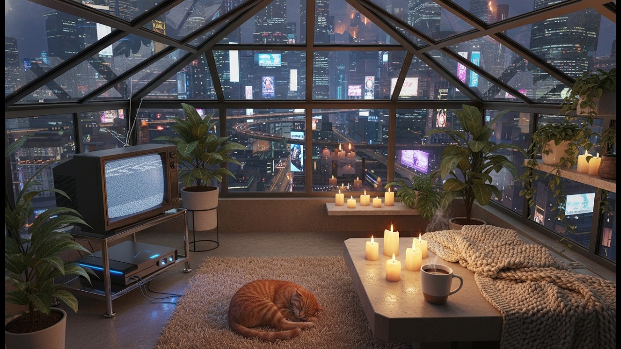 Chill SolarPunk Night 🌃 w/ Sleeping Cat | Lo-Fi Hip Hop Mix