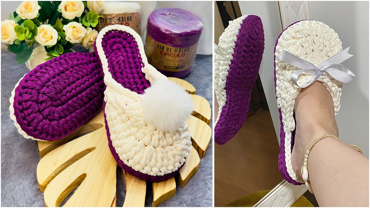Pantufa de crochê com fio de malha